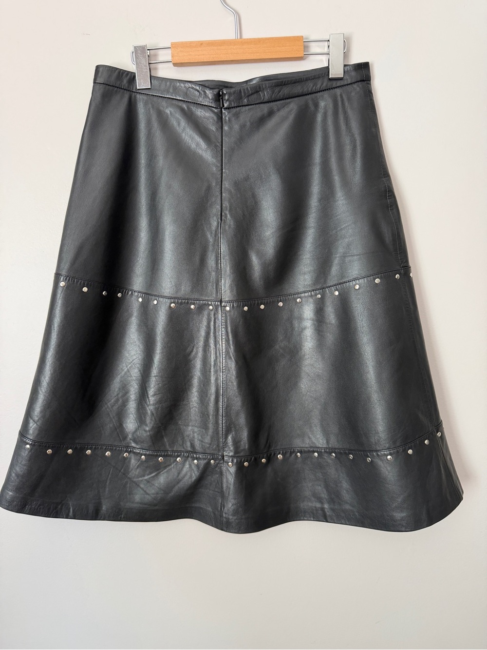 Oui Black Studded Leather A-Line Midi Skirt Size 10 - Picture 3 of 14